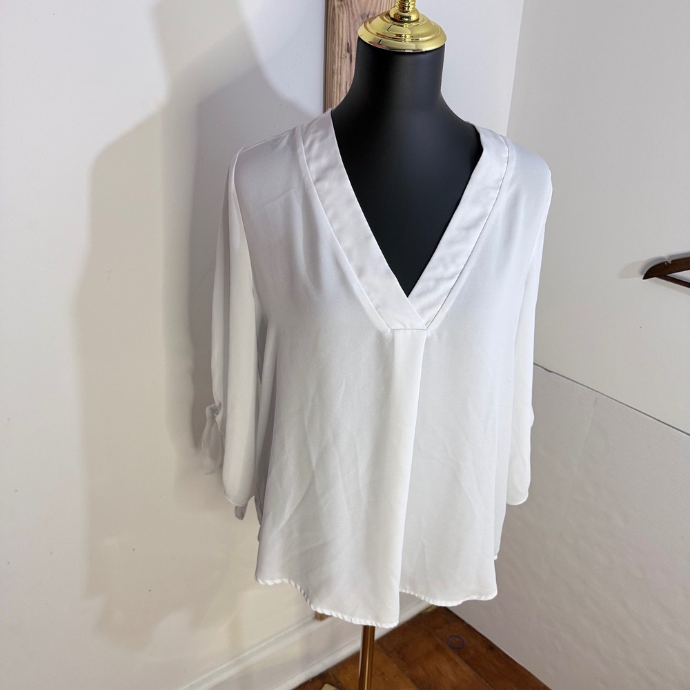 Lush V-Neck Tie Sleeve‎ Blouse Women Size M White Chiffon Top